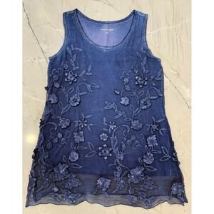 Soft Surroundings Silk Blue Floral Sophia Tunic Tank Top Small Indigo Boho #116